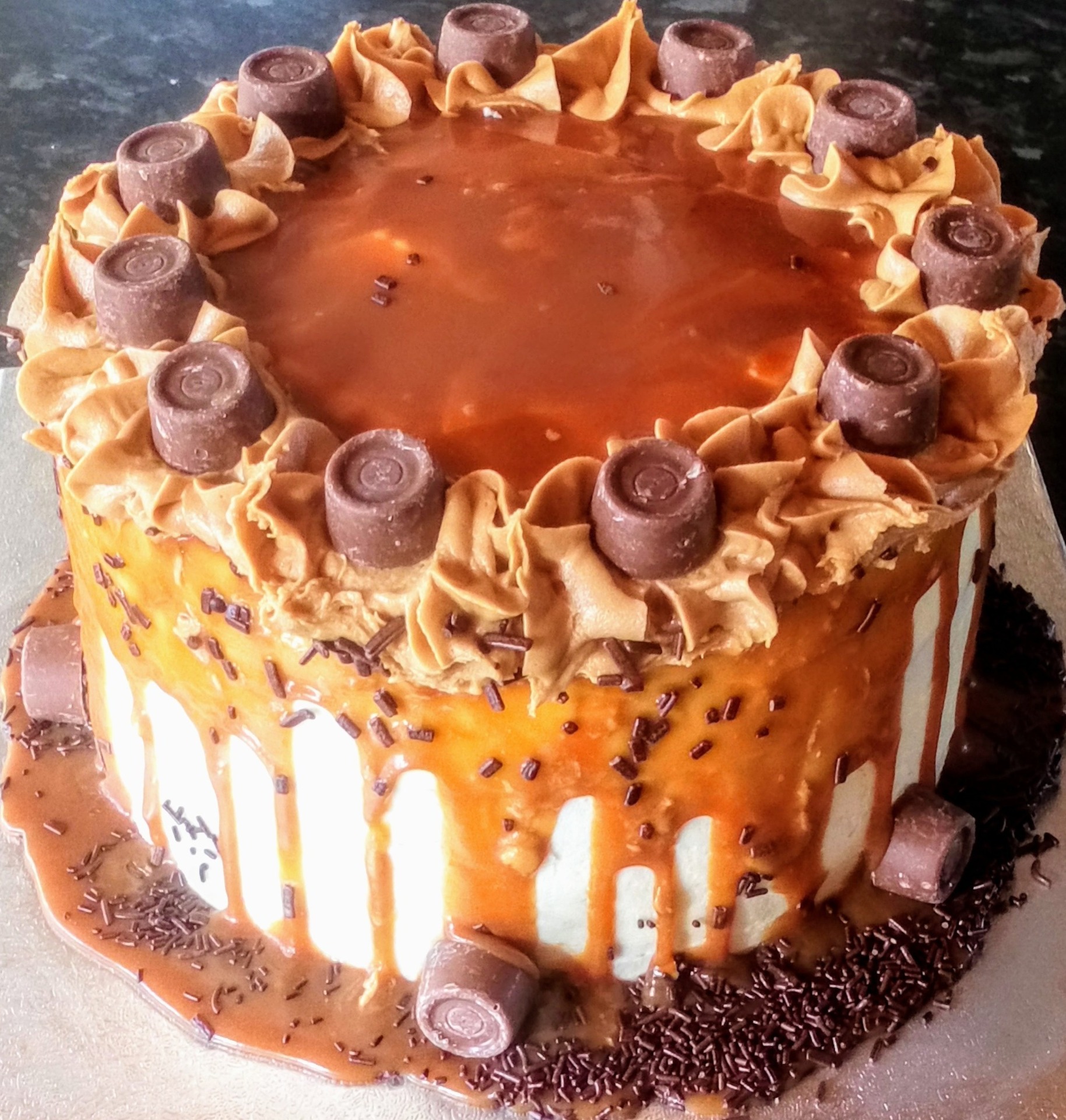 caramel drip birthday cake with rolo chocolates