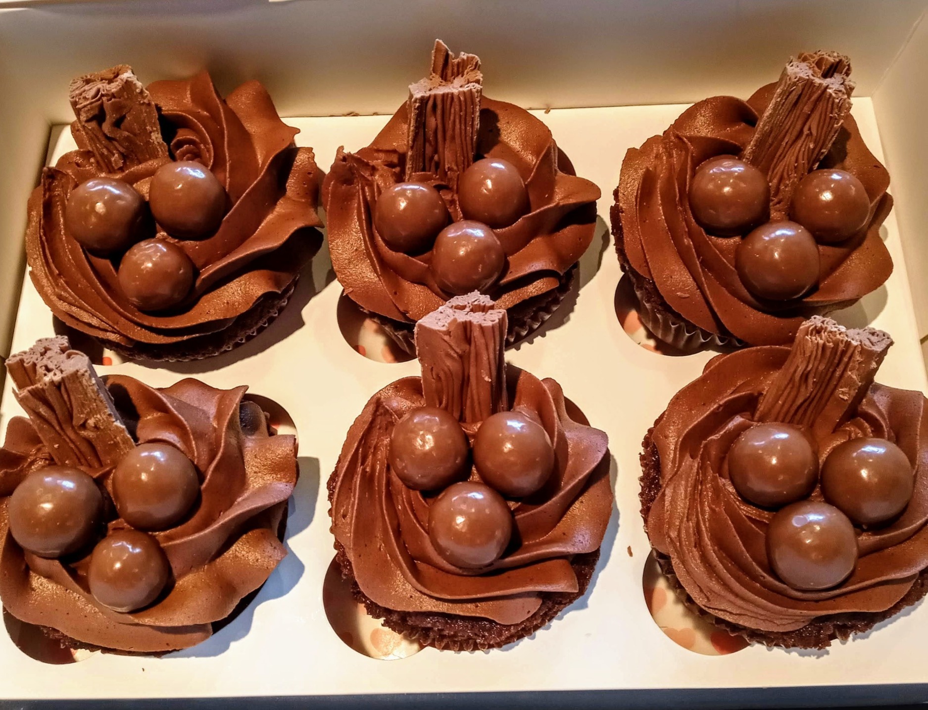 Chocolate sponge cupcakes with flake and malteser topping