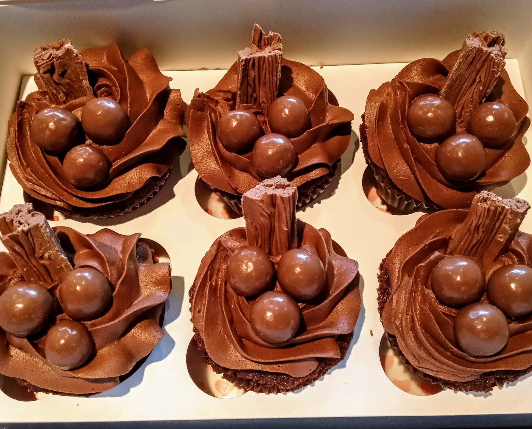 Chocolate cupcakes topped with maltesers and a flake