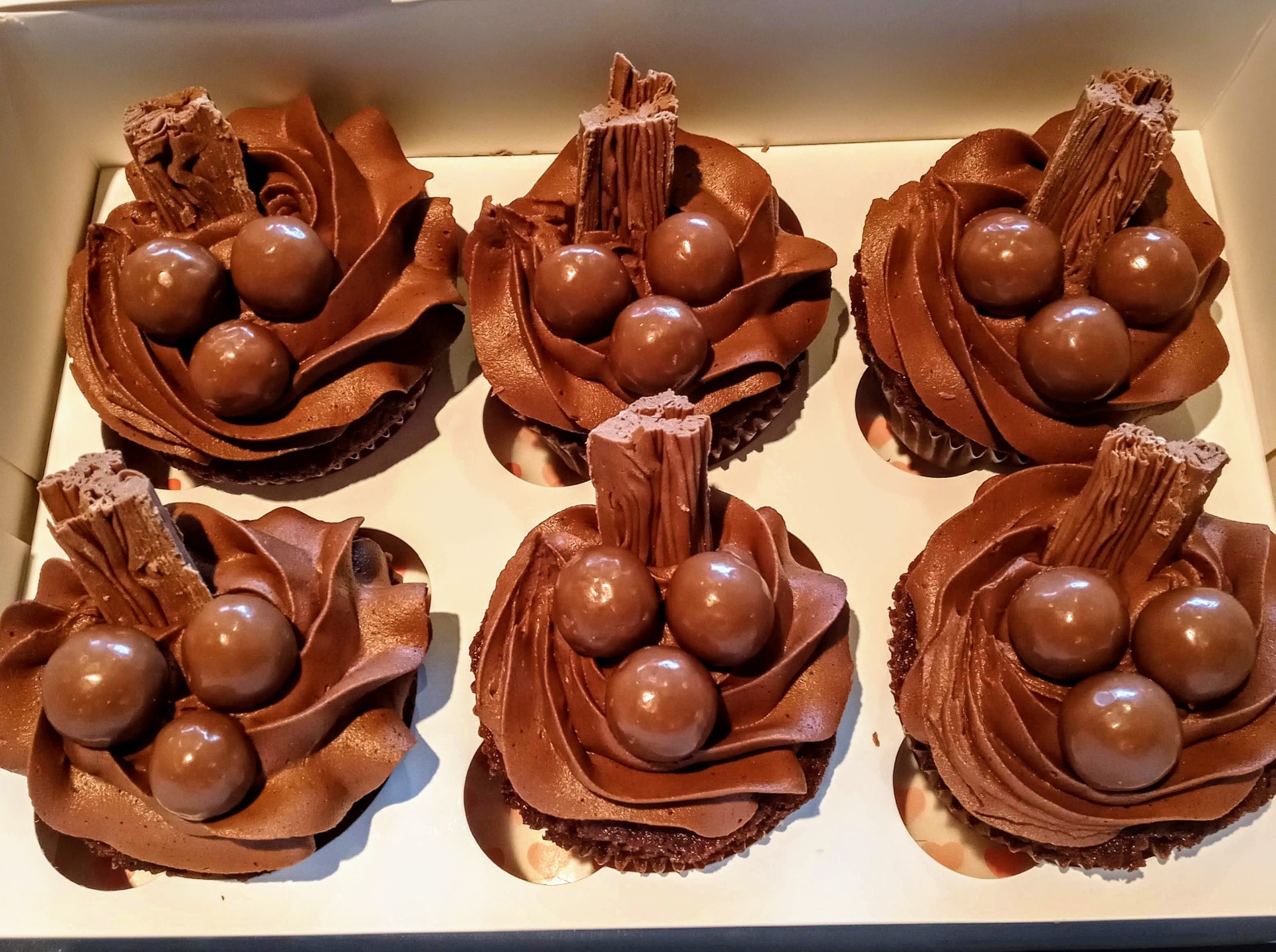 chocolate cupcakes topped with maltesers and a flake