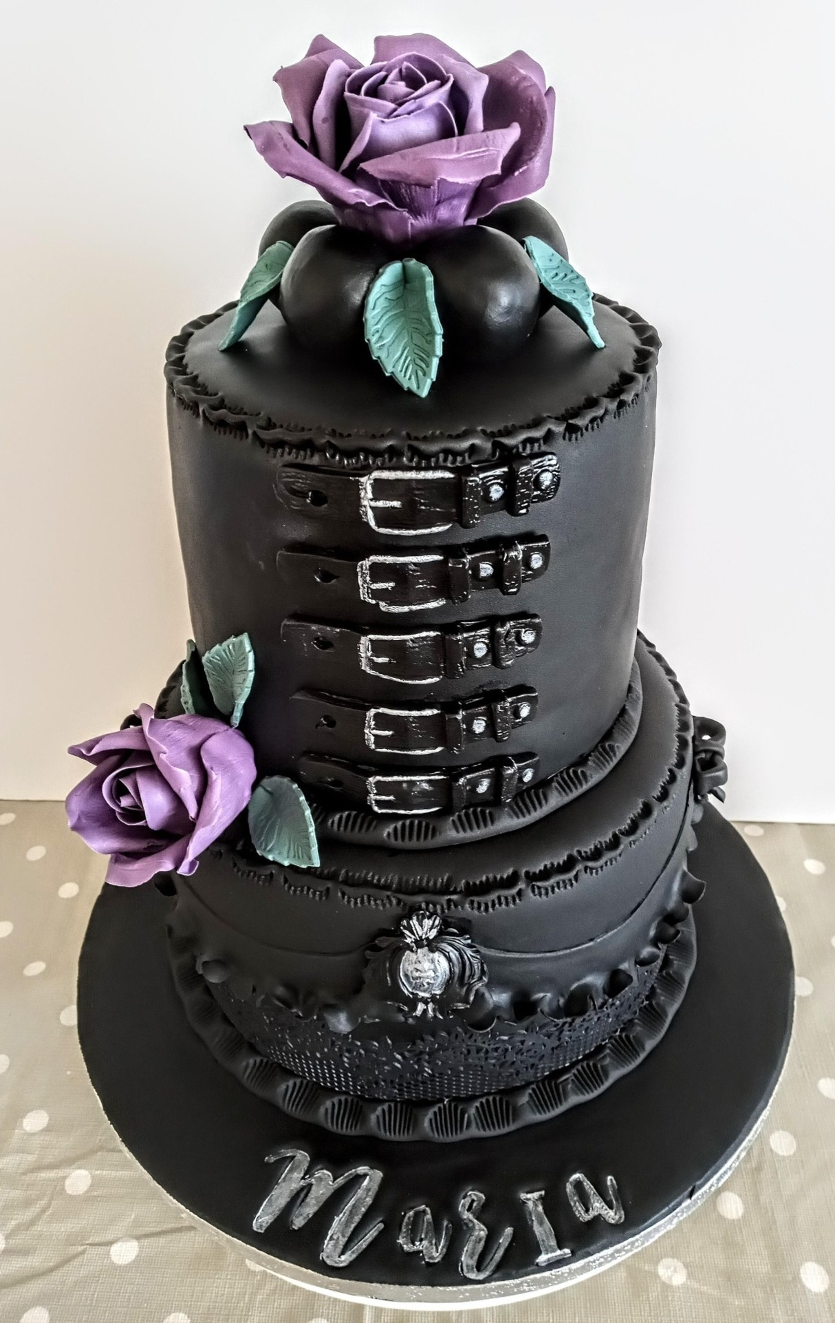 "Gothic" inspired 2 tier cake with purple sugar roses