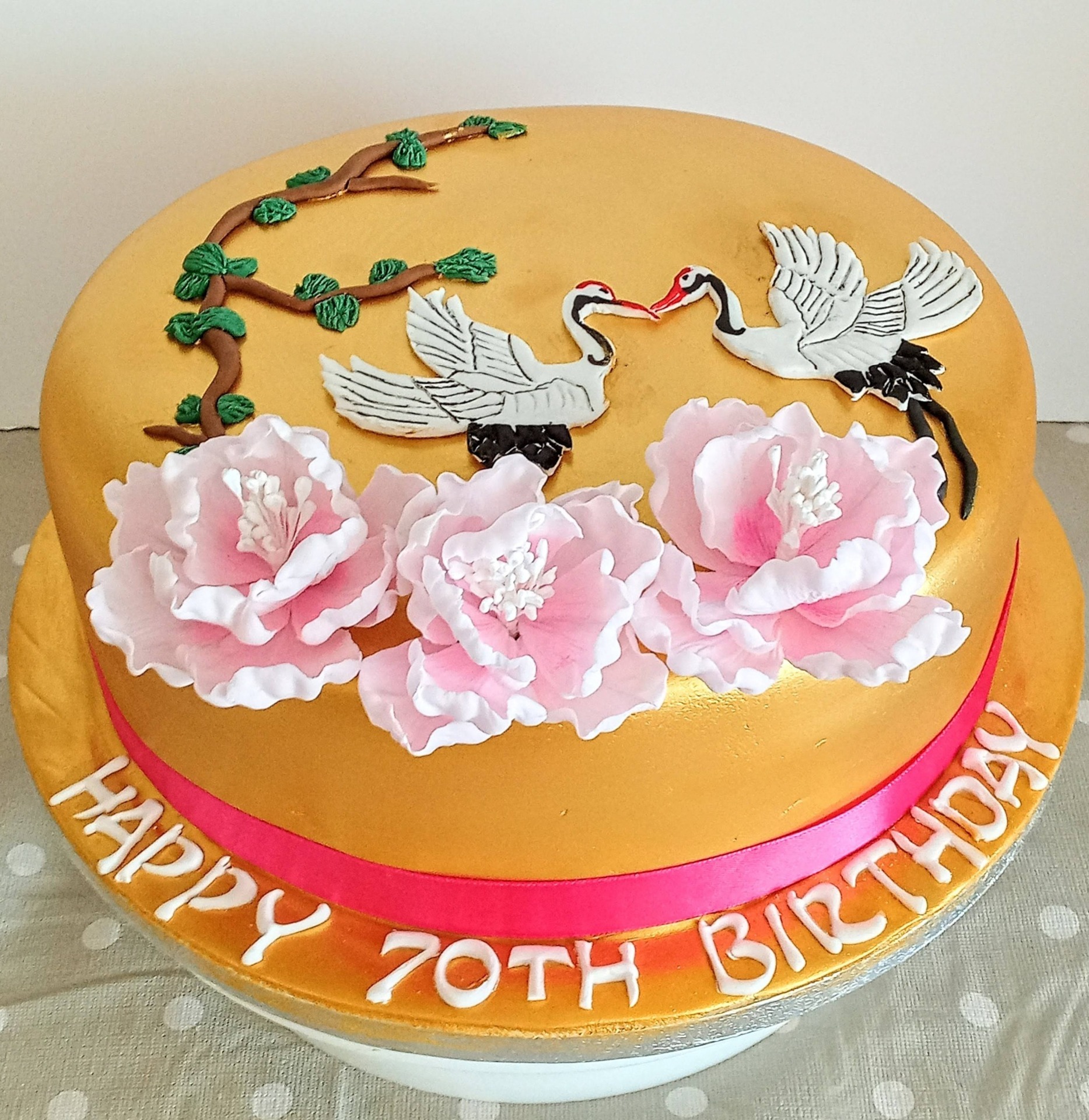 Japanese inspired cake with kissing cranes, and sugar peonis