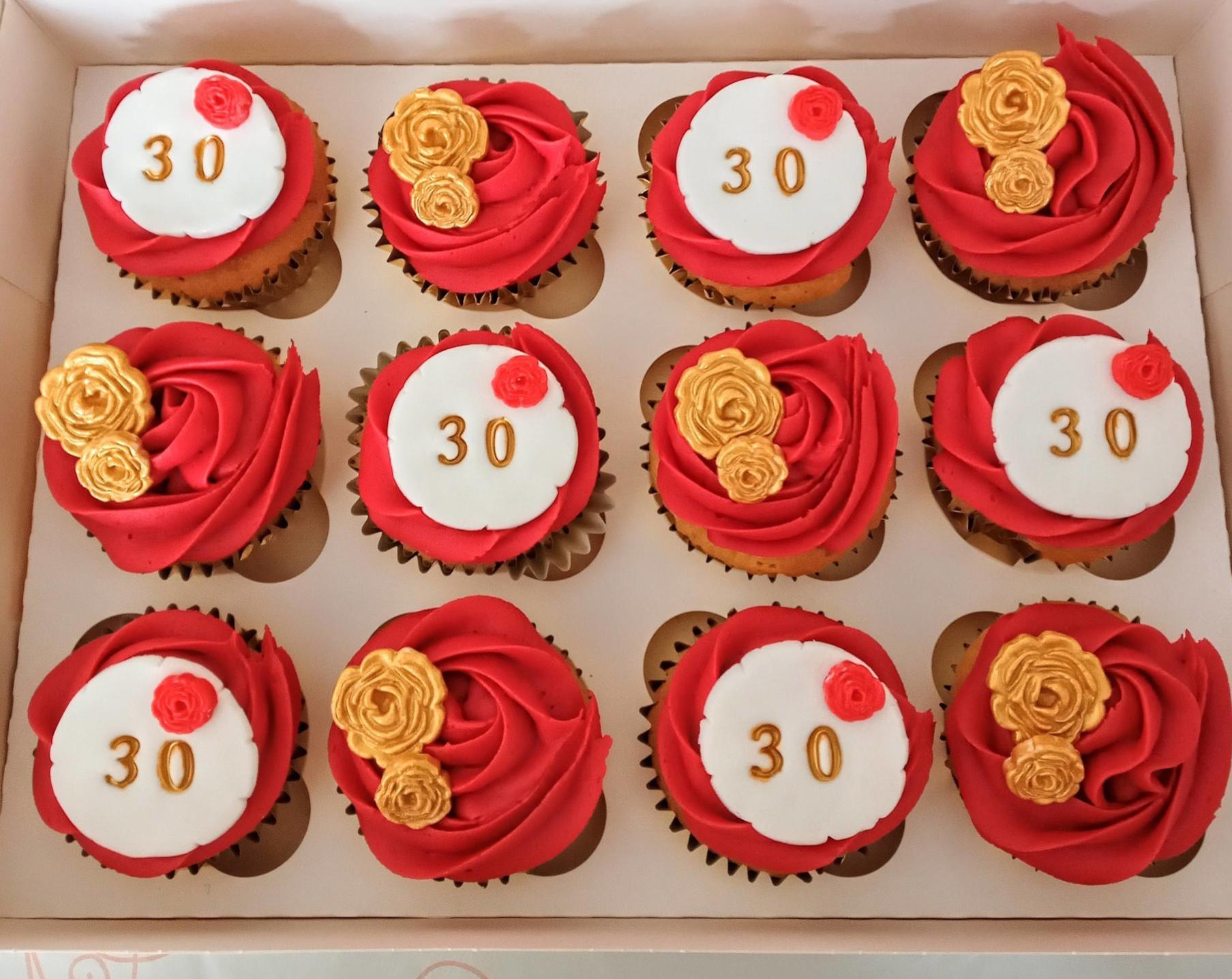 30th red and gold, birthday/anniversary cupcakes