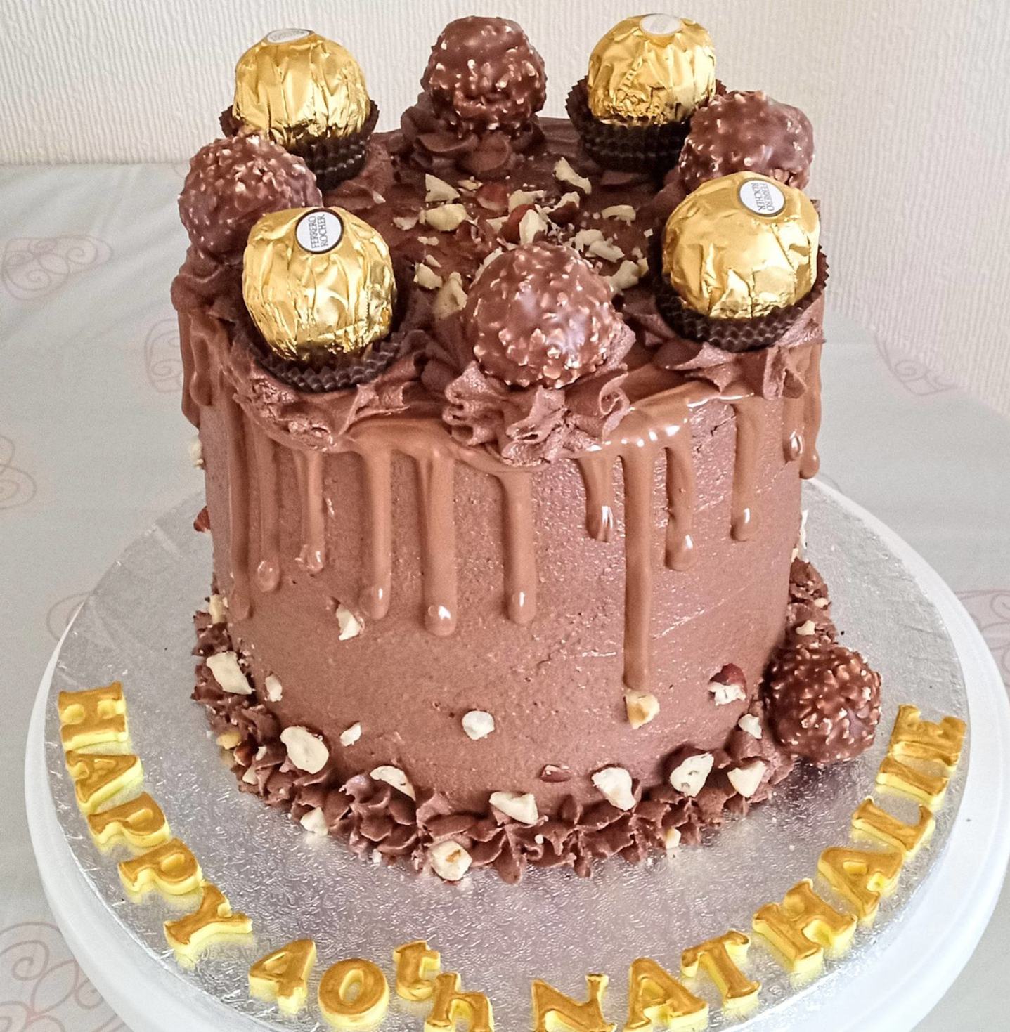 Chocolate and hazelnut 40th birthday drip cake