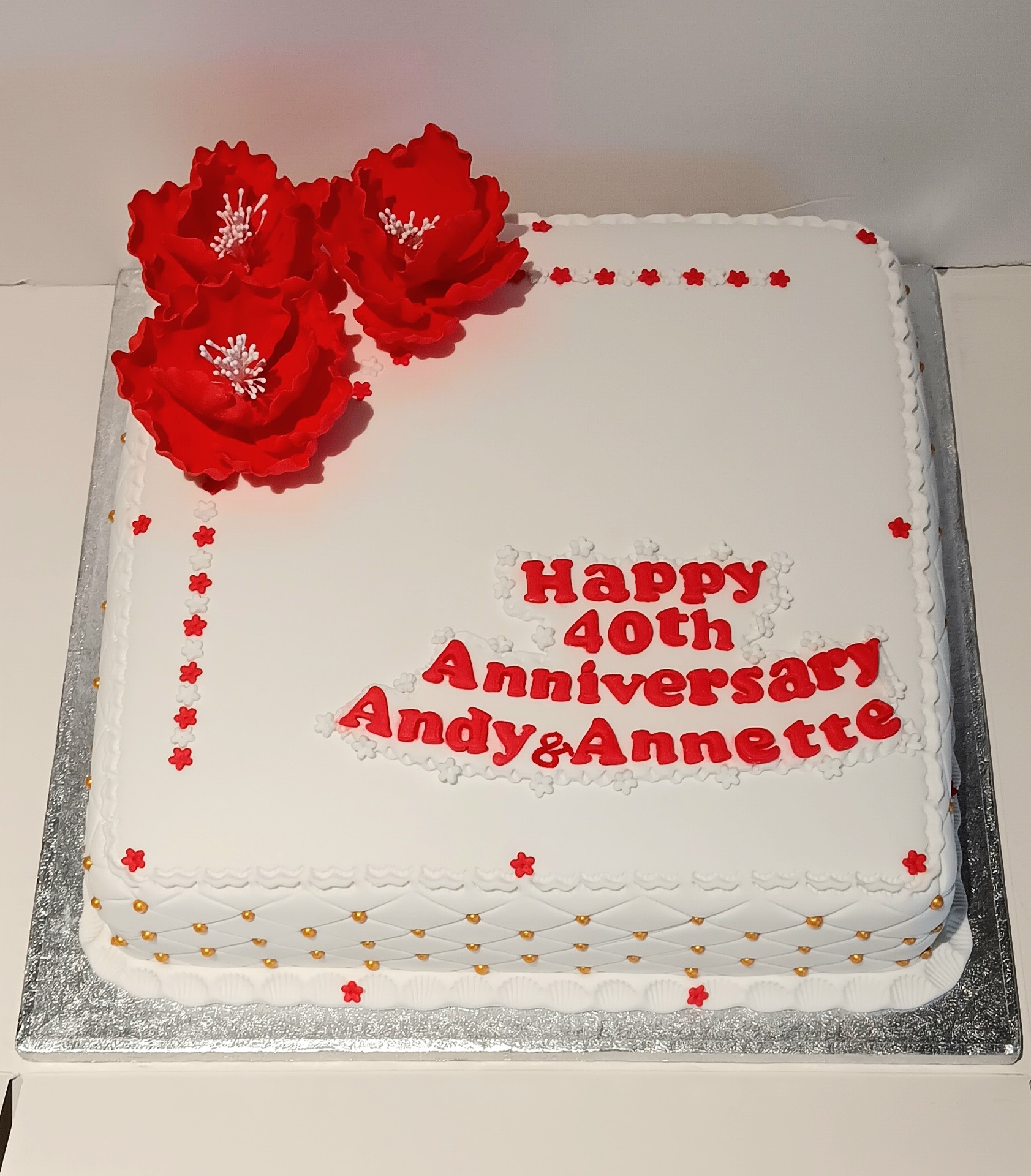 40th wedding anniversary cake with red sugar peonies