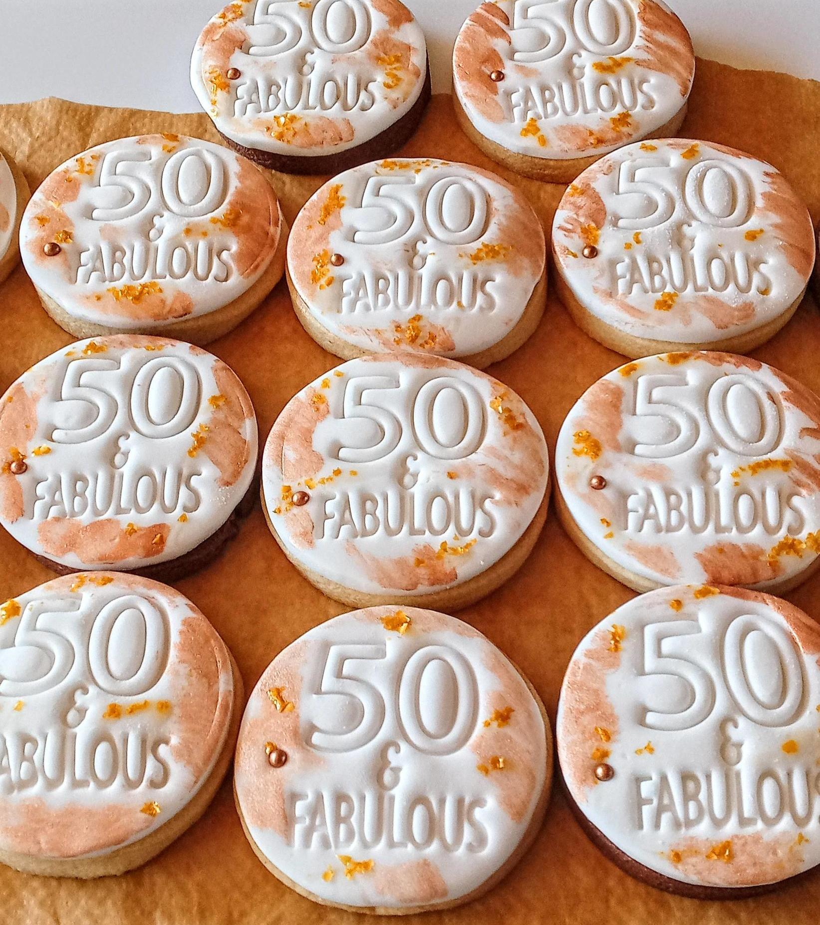 "50 and fabulous" birthday cookies