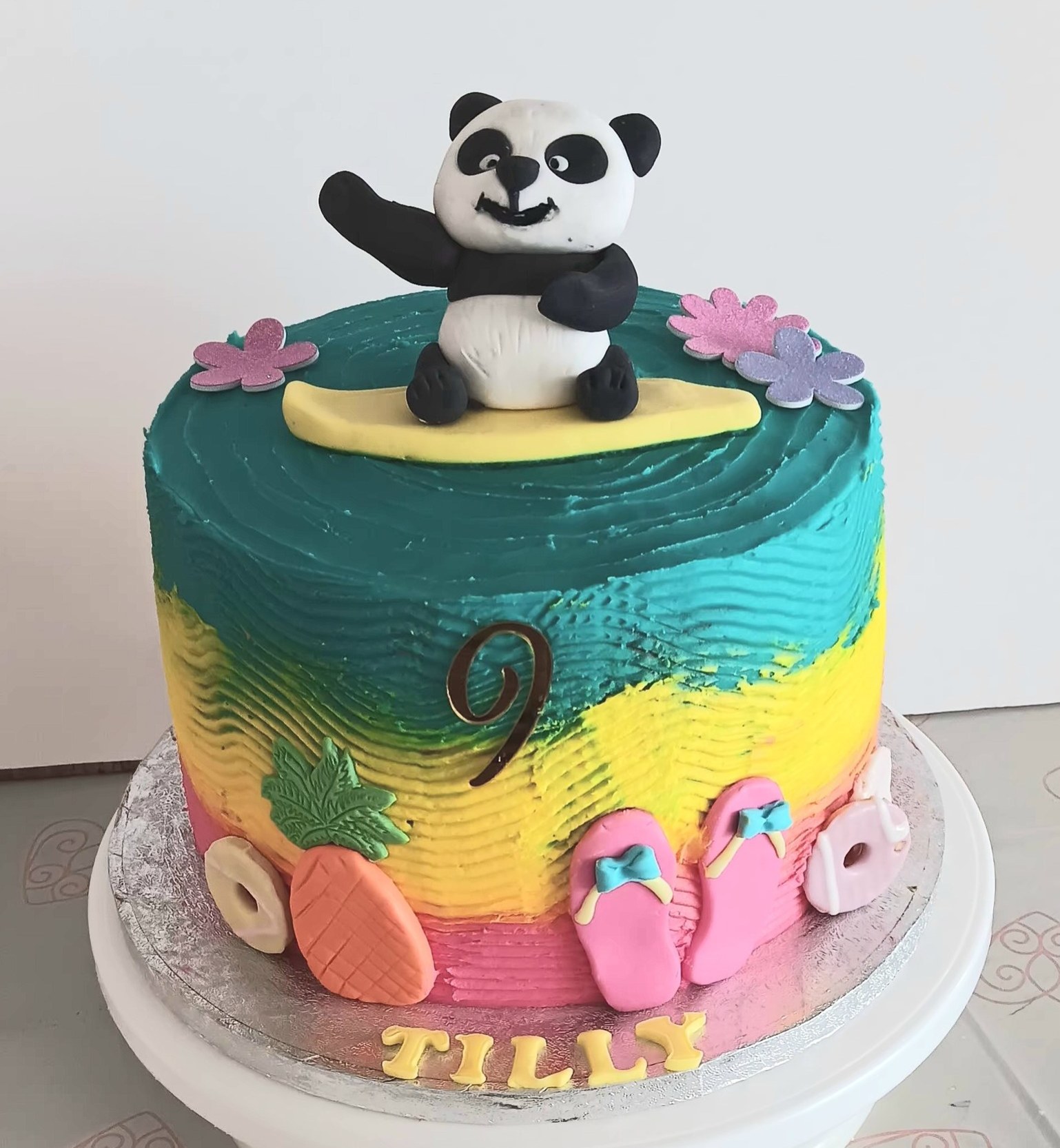 "Surfing panda" pool party cake