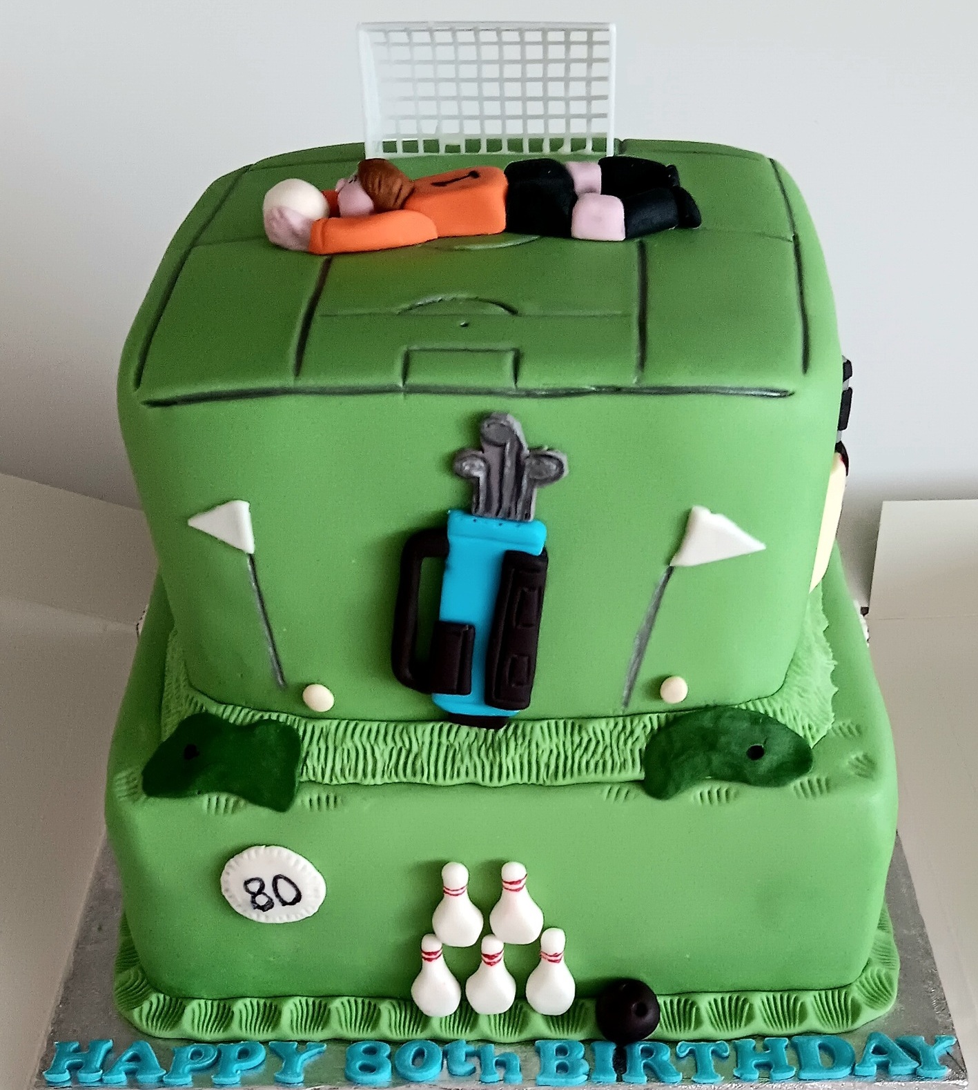 a mans 2 tier sports inspired 80th birthday cake