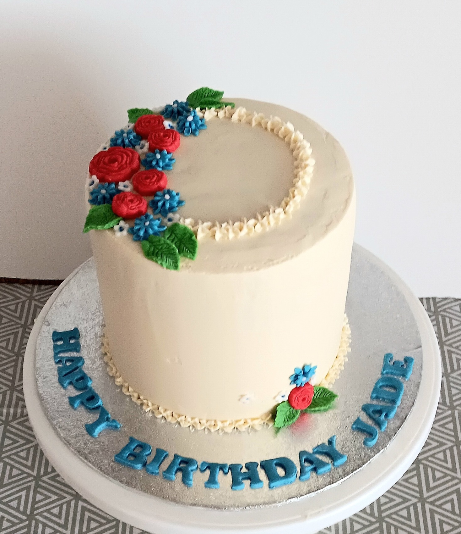 Ladies elegant red,  blue and green floral design cake